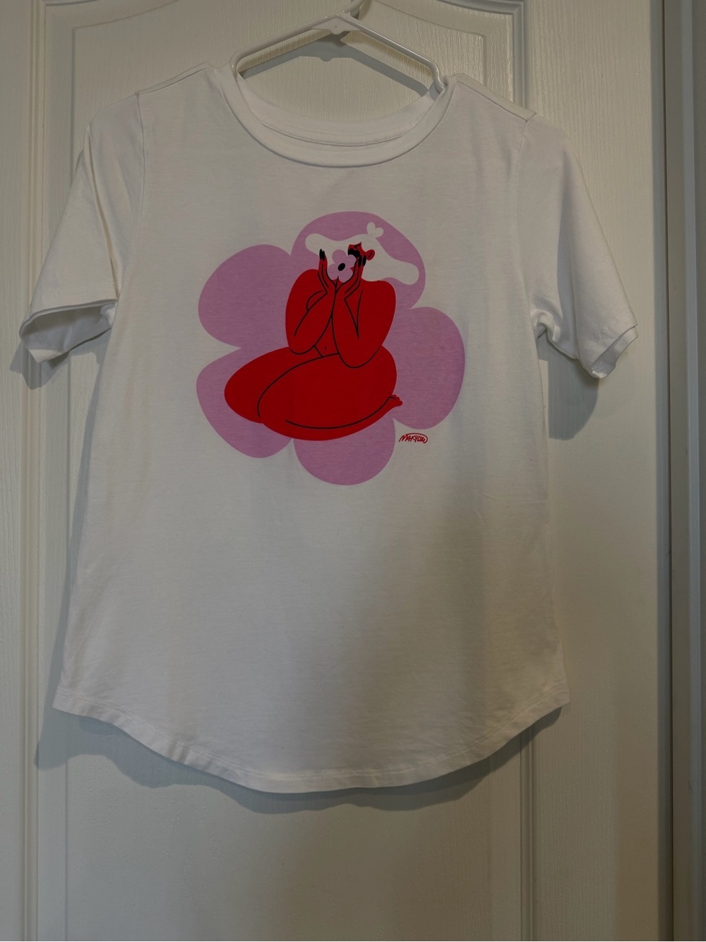 Universal Standard White Tee with Pink Blossom and Red Graphic